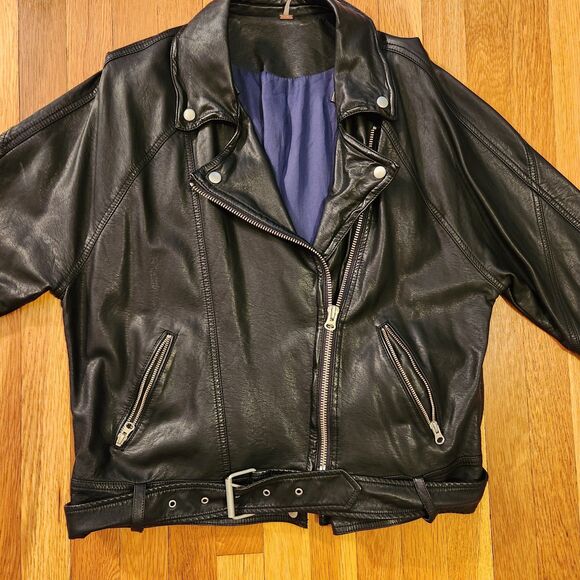 Free People Black Drapey *Washable* Vegan Leather Moto Jacket (No Hood) Sz M - Picture 6 of 14